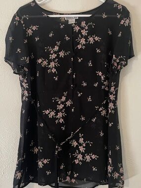 Vintage Robbie Bee Black Floral Semi-Sheer Rayon Open Front Tie Blouse 10